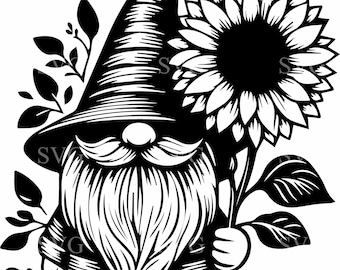 7 Sunflower Gnome SVG, 7 Cute Garden Gnome Silhouette, Rustic Fall Decor Cut File, Gnome with Sunflower Clipart, Cricut Design