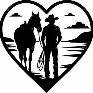 4 Vaquero y caballo junto al río SVG / 4 Archivo de corte de escena de corazón del oeste / Diseño de artesanía rústica campestre