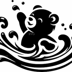 Pode incluir: Ilustração a preto e branco de um urso a nadar na água. O urso está a sorrir e a acenar com a pata direita. Salpicos de água e bolhas rodeiam o urso, criando uma cena dinâmica e divertida. A imagem tem um estilo de design gráfico limpo.