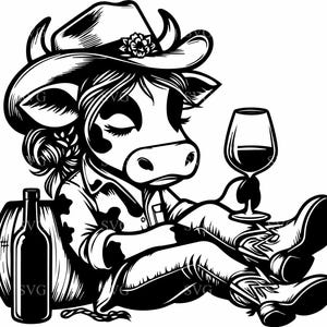 4 Cowgirl Kuh SVG, 4 süße Cowgirl mit Weinglas und Flasche, Western Bauernhaus Cut File für Cricut & Silhouette