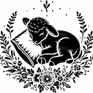 May include: A black and white silhouette of a sleeping lamb on a pillow surrounded by floral designs.