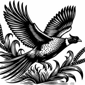 May include: Black and white illustration of a pheasant in flight, wings spread wide. The bird is depicted with detailed feathers and is surrounded by stylized wheat and grass. The image has a vintage, woodcut style.