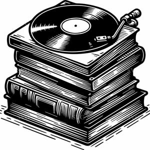 May include: A black and white graphic illustration of a vinyl record player tonearm resting on a circular record, which is placed on top of a stack of three thick, rectangular books with visible spine details and textured page edges.