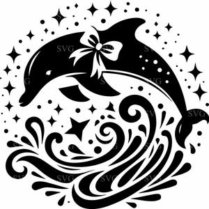 Fichier de coupe SVG dauphin sautant avec les éclaboussures de vagues, océan mer animaux Cricut Design, vie marine des cliparts téléchargement