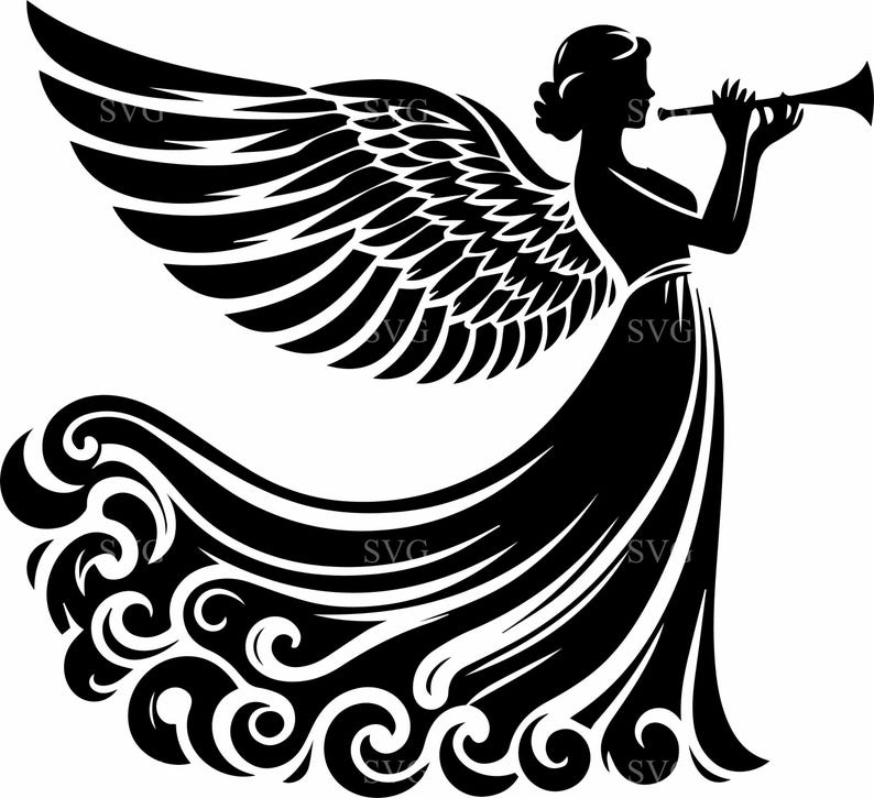 10 Flowing Winged Angel Trumpet SVG – Angel Silhouette Cut File for ...