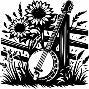 May include: Black and white illustration of a banjo leaning against a wooden fence, with two sunflowers and tall grass. The banjo's strings and fretboard are visible, and the scene evokes a rustic, country theme.