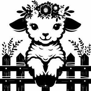 Agneau mignon avec couronne de fleurs SVG, clipart animaux de la ferme, clôture bébé mouton fichier coupé pour Cricut, Silhouette, sublimation