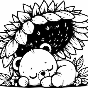 Schlafender Bär mit Sonnenblume SVG | 4 süße Baby Tierschnittdatei | Blumen-Kinderzimmer-Bär-Vektorgrafiken