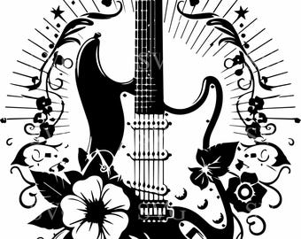 4つの花柄ギターSVG、エレキギターのシルエット、音楽クリップアート