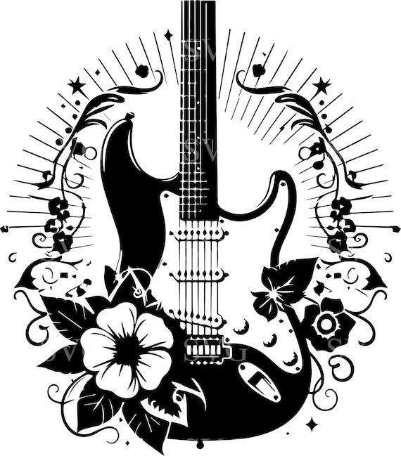 4つの花柄ギターSVG、エレキギターのシルエット、音楽クリップアート