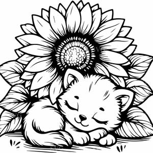 6 chatons endormis avec tournesol SVG - 6 cliparts chat mignon pour créations artisanales, décalcomanies et créations nature