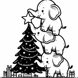 May include: Black and white illustration of three elephants stacked on top of each other, with a Christmas tree and gifts. The top elephant is placing a star on the tree. Festive holiday design.