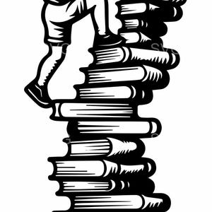 Può includere: Illustrazione in bianco e nero di un bambino che scala un'alta pila di libri. Il bambino sta raggiungendo altri libri in cima alla pila. L'immagine trasmette il tema dell'apprendimento e dell'istruzione.