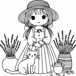 Op de afbeelding: Een zwart-witte lijntekening van een meisje met een hoed en een jurk, dat een kat vasthoudt. Het meisje staat voor twee potplanten met lavendelbloemen.