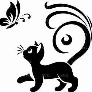 5 chat mignon et papillon SVG couper fichier, clipart chaton fantaisiste avec des remous, vecteur pour Cricut, vinyle et projets d'artisanat