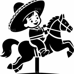 Pode incluir: Ilustração a preto e branco de uma criança com um chapéu mexicano montada num cavalo. A criança sorri e segura as rédeas. O cavalo está em movimento. Imagem vetorial, ideal para vários projetos.