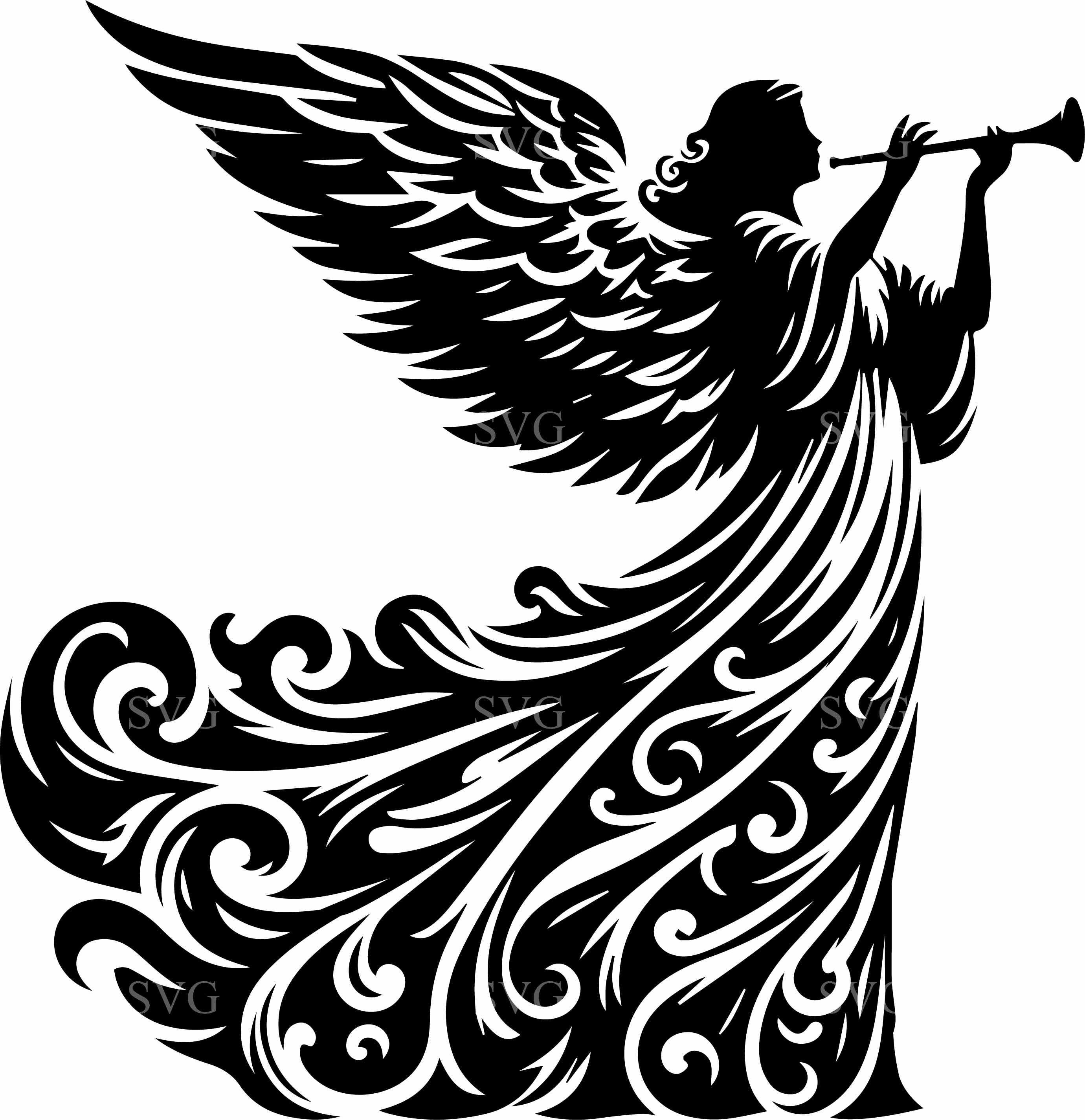 10 Flowing Winged Angel Trumpet SVG – Angel Silhouette Cut File for ...