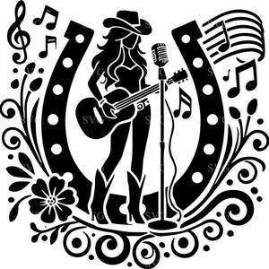 Chanteuse de cow-girl moderne SVG 5 fichier coupe - interprète de musique country avec motif floral en fer à cheval - artisanat occidental SVG Art