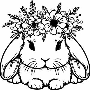 Fichier de coupe SVG floral lapin, 4 lapins mignons avec couronne de fleurs, cliparts animaux printemps, Cricut, Design vectoriel découpé au Laser
