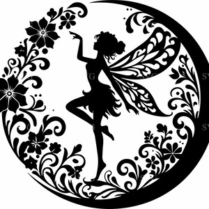 May include: A black silhouette of a fairy with detailed wings, standing on one leg, reaching towards a floral design. The fairy is set against a crescent moon shape, surrounded by flowers and vines, creating a whimsical, decorative design.