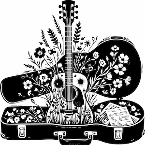 4 bloemen gitaar SVG PNG – 4 wilde bloemen akoestische gitaar clipart, country muziekliefhebber gesneden bestand, bladmuziek gitaar koffer ontwerp