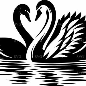 3 casais de cisnes em formato de coração SVG, silhueta romântica de pássaros aquáticos, arquivo de corte para Cricut, clipart de cena de amor em lago