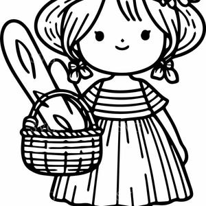Jolie fille avec panier et baguette SVG, fichier de coupe Silhouette de fille de ferme 4, printemps marché fille SVG pour Cricut & Silhouette