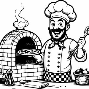 Chef con file di taglio SVG per pizza / 6 sagome di pizzaioli retrò con forno a mattoni / Clipart di ristoranti italiani