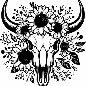 Tournesol tête de mort de taureau SVG, fichier de coupe floral tête de mort de vache 6, Clipart tête de mort western pour Cricut, découpe laser et travaux manuels