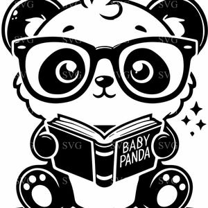 Könnte beinhalten: Eine Schwarzweißillustration eines Pandas mit Brille, der ein Buch liest, auf dem "Baby Panda" steht.