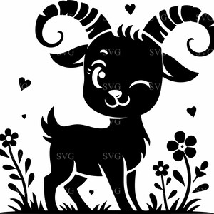 3 Mignon bébé chèvre SVG coupe fichier, Silhouette de chèvre un clin d'oeil avec des fleurs et des coeurs pour Cricut, téléchargement des cliparts animaux de la ferme