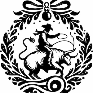Puede incluir: Ilustración en blanco y negro de un vaquero montando un toro, rodeado por una corona y coronado con un lazo y un adorno. El vaquero lleva sombrero y sostiene un lazo. Ideal para manualidades navideñas.