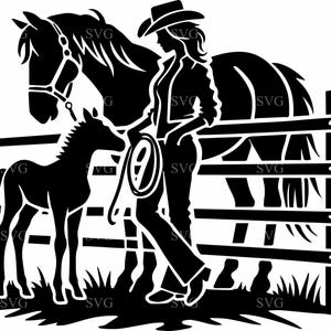 6 Cow-girl avec cheval et poulain SVG 6 fichier coupé - Silhouette de scène de ferme rustique - bricolage Western Cricut Craft