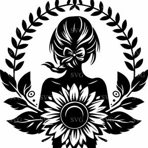 6 file di taglio SVG 6 di ragazza girasole, silhouette di donna floreale, clipart di cappello boho per Cricut, decalcomania in vinile, design artistico della natura