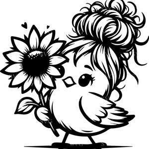 Poussin avec fichier de coupe SVG 4 tournesols - oiseau mignon avec noeud supérieur et fleurs design numérique