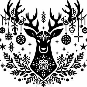 May include: A black and white graphic of a reindeer with large antlers, decorated with ornaments and stars. The reindeer's face has intricate patterns, and the design includes floral elements at the bottom, creating a festive holiday theme.