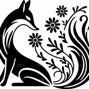 4 renard floral coupe fichier SVG, Silhouette de renard élégant avec queue de fleur, clipart animaux des bois pour Cricut et travaux manuels laser
