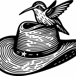 Puede incluir: Ilustraci&oacute;n en blanco y negro de un sombrero de vaquero con un colibr&iacute;. El sombrero tiene un ala ancha y una banda decorativa. El colibr&iacute; est&aacute; posado encima, con alas detalladas y un pico largo. Imagen de estilo grabado.