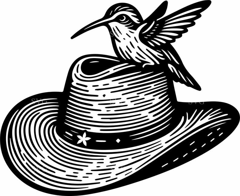 Puede incluir: Ilustraci&oacute;n en blanco y negro de un sombrero de vaquero con un colibr&iacute;. El sombrero tiene un ala ancha y una banda decorativa. El colibr&iacute; est&aacute; posado encima, con alas detalladas y un pico largo. Imagen de estilo grabado.