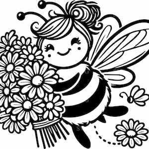 4 Abejas con Ramo de Margaritas SVG 4 Archivo de Corte / Adorable Clipart de Abejorro para Primavera y Manualidades DIY