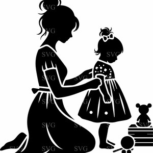 4 archivos de corte SVG de mamá y bebé niña, silueta de madre e hija con juguetes, diseño Cricut, amor familiar, clipart cortado con láser