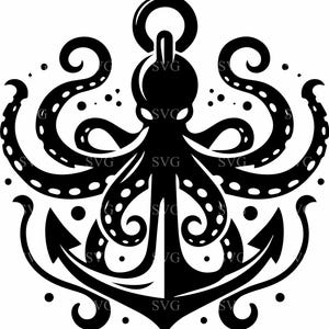 May include: Black and white illustration of an octopus with its tentacles wrapped around an anchor. The octopus has a round head and large eyes. The anchor has a curved top and two arms.