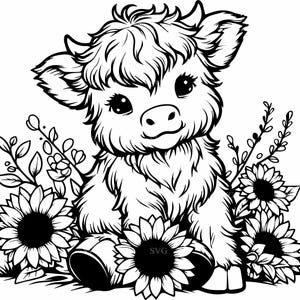 5 ハイランド牛 SVG 5 カット ファイル | ひまわりと野の花が描かれた愛らしい子牛 SVG | Cricut シルエット用のかわいい花柄の牛