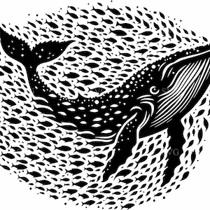 4 Whale with fish school SVG – 4 Ocean wildlife cut file – Marine animal silhouette for Cricut crafts, sea decor, underwater art