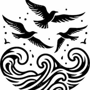 5 Gabbiani e onde dell'oceano SVG 5 File di taglio - Uccelli in volo con silhouette marina astratta - Design nautico costiero