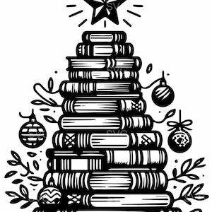 May include: A black and white illustration of a Christmas tree made of stacked books. A star tops the tree, and ornaments and sprigs of leaves decorate the sides. The image is a festive design for book lovers.