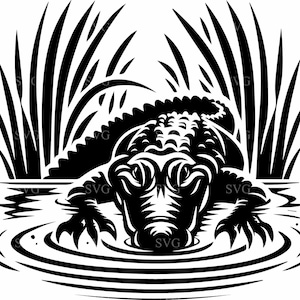 May include: A black and white illustration of an alligator emerging from the water with its head and front legs visible. The alligator is surrounded by tall blades of grass.