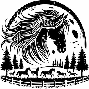 Silhouette de cheval majestueux fichier SVG 4 - scène au clair de lune avec des chevaux qui courent - art numérique inspiré de la nature