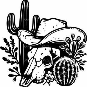 Tête de mort avec cactus SVG, 5 fichier coupe désert de chapeau de cowboy, sud-ouest des cliparts pour Cricut, découpe laser et travaux manuels