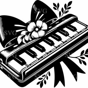 Könnte beinhalten: Schwarz-weiß-Illustration eines kleinen Keyboards mit Schleife und floralen Akzenten. Das Keyboard hat ein schlichtes Design mit wenigen Tasten und einem floralen Design an der Seite.